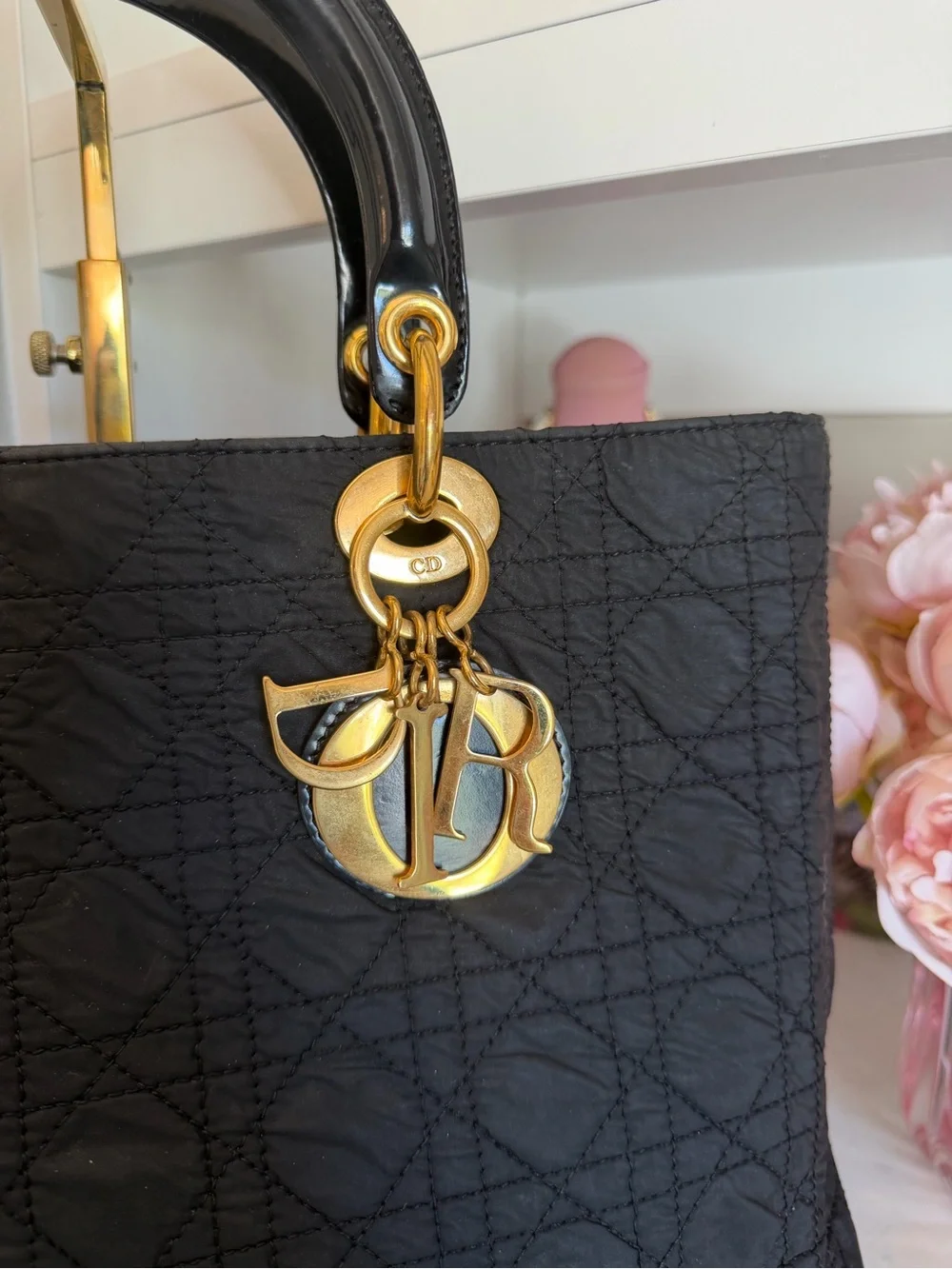 Dior Black Quilted Lady Dior Cannage Satchel Tote Bag gold Dior charm